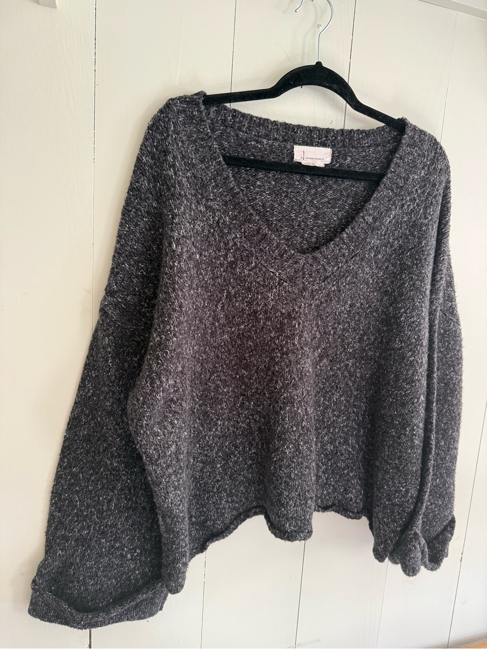 Anthropologie Gray Marled Oversized V-Neck Sweater Size Large